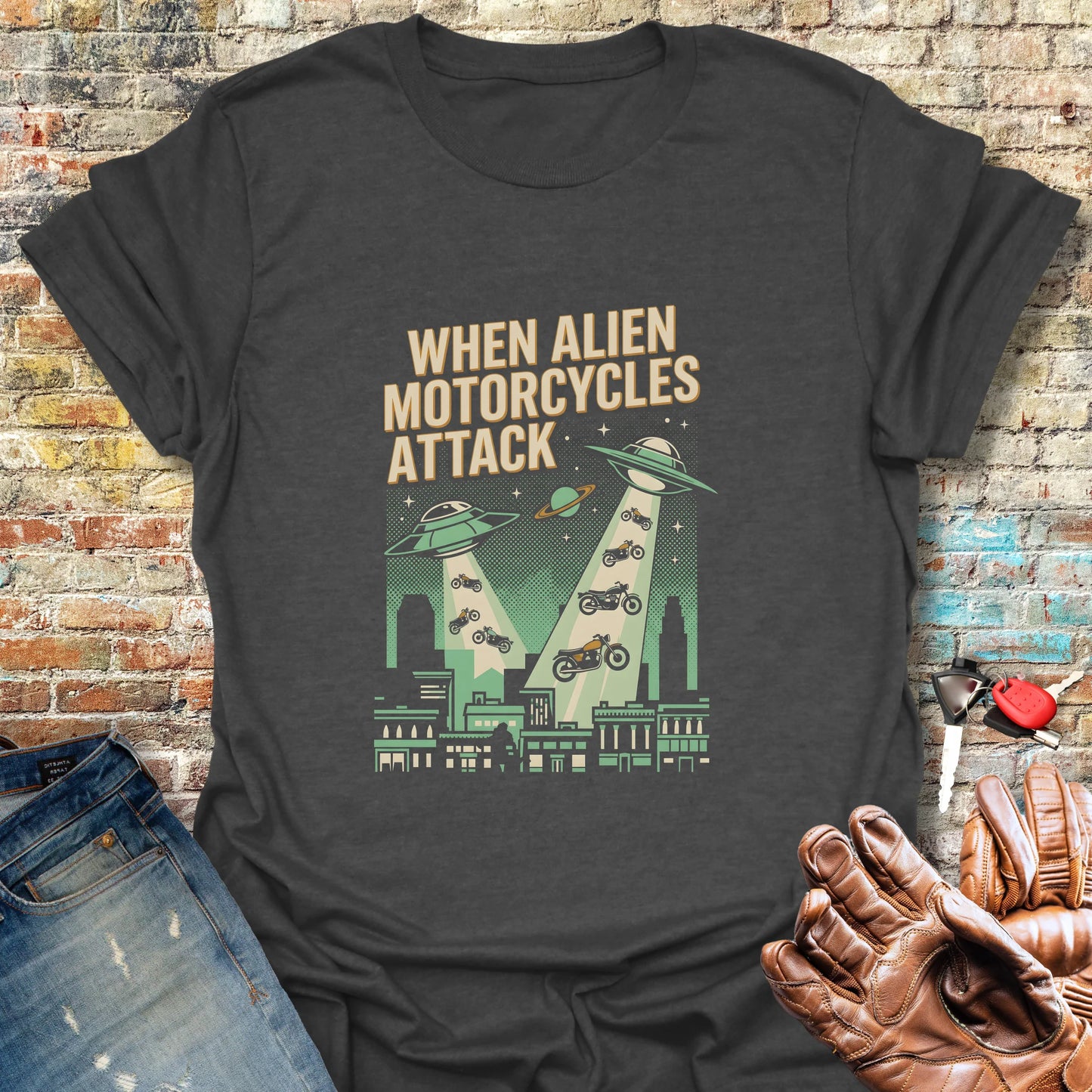 When Alien Motorcycles Attack T-Shirt - Dark Heather