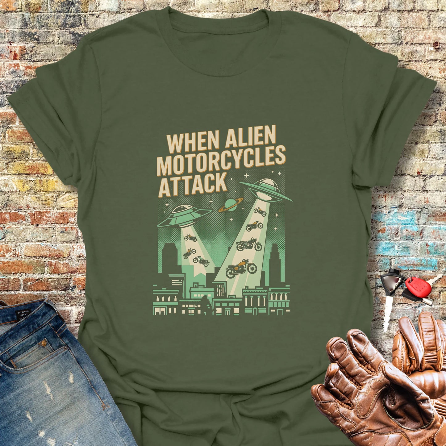 When Alien Motorcycles Attack T-Shirt - Military Green