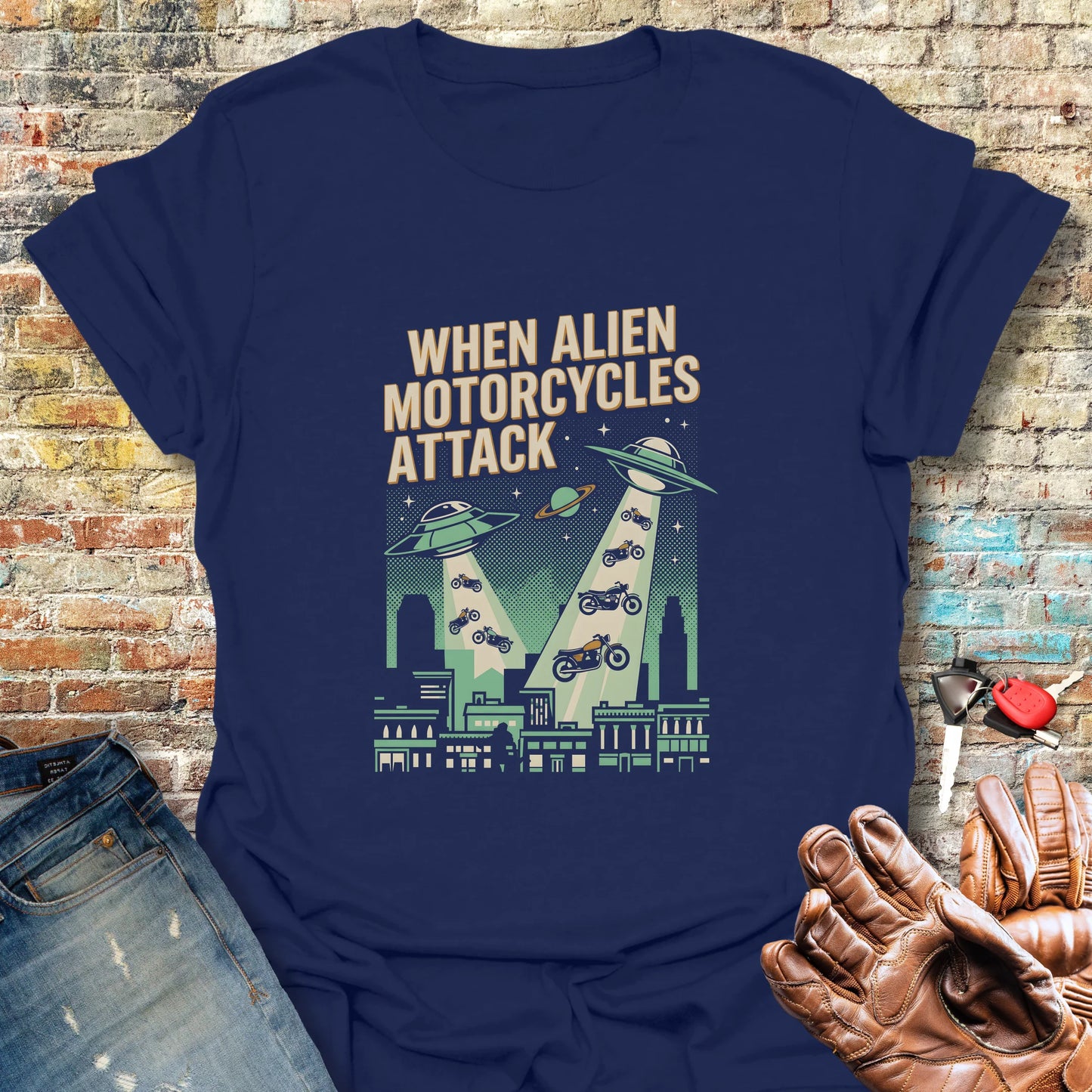 When Alien Motorcycles Attack T-Shirt - Navy