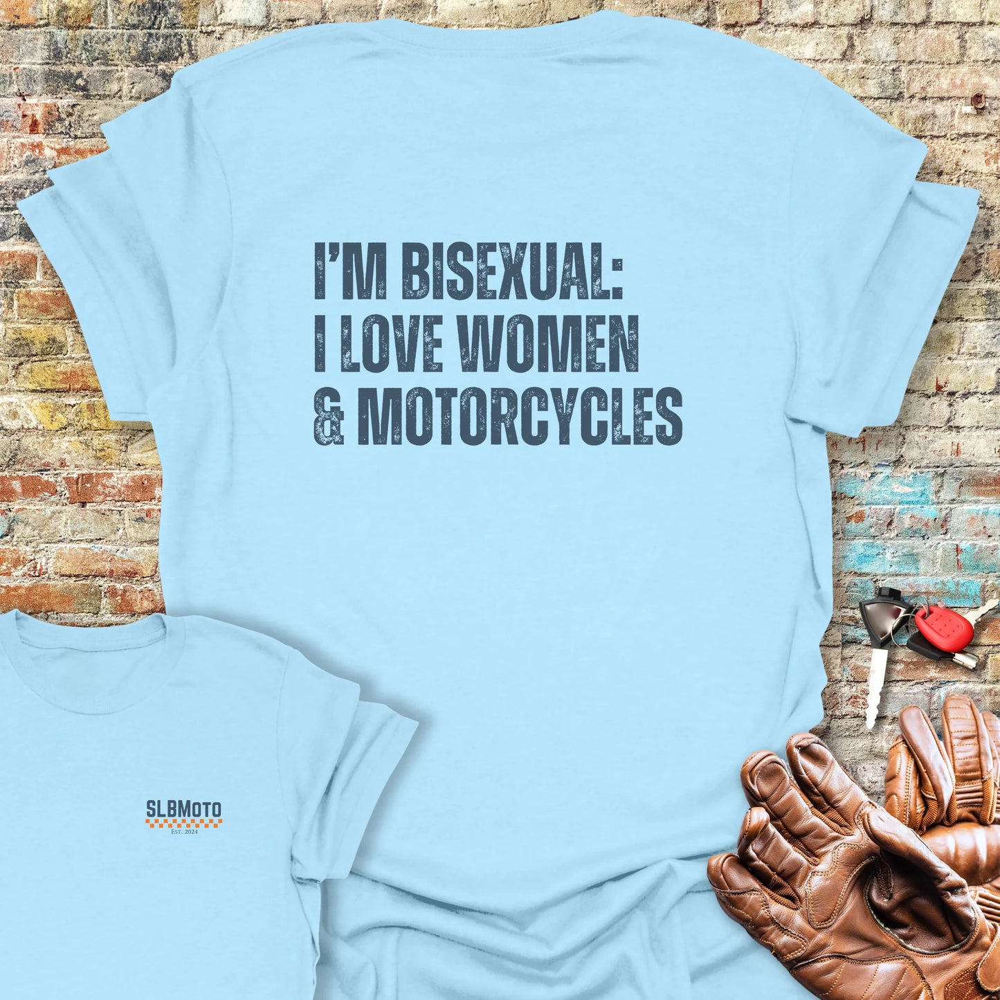 Women & Motorcycles Back Print T-Shirt - Light Blue