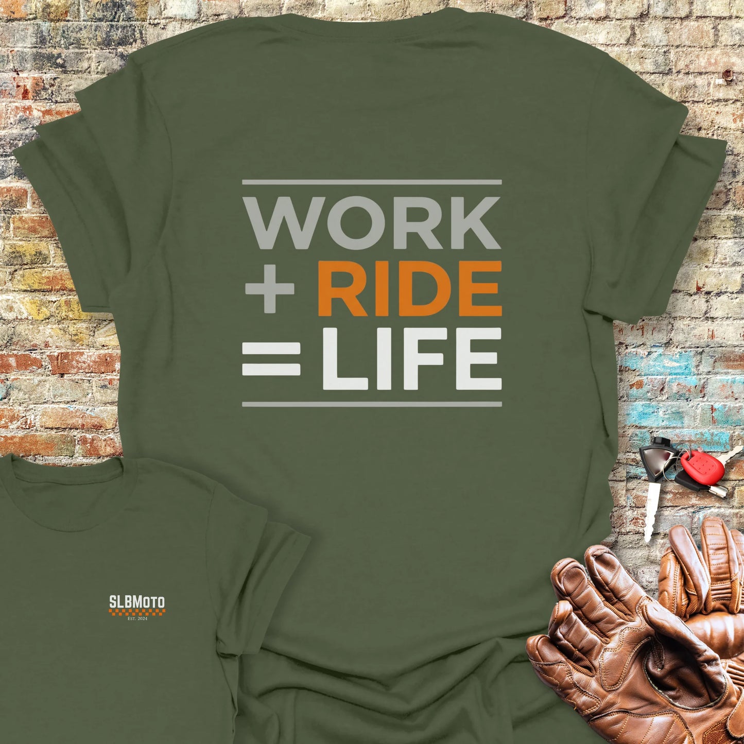 Work + Ride Back Print T-Shirt - Military Green